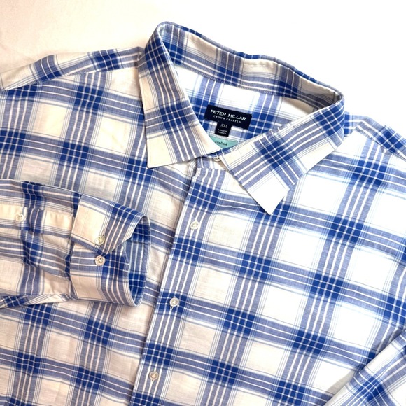 Peter Millar Other - Peter Millar Crown Crafted Mens XXL Blue White Plaid Flex Finish Cotton Shirt